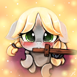 Size: 750x750 | Tagged: safe, artist:lumineko, oc, oc only, oc:shooting stars, changeling, pony, unicorn, crying, cute, floppy ears, mouth hold, ocbetes, solo, weapons-grade cute, wooden sword