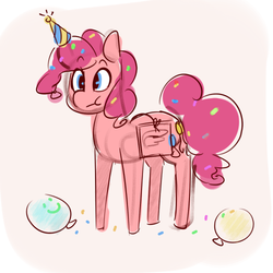 Size: 500x500 | Tagged: dead source, safe, artist:papaya, pinkie pie, alicorn, earth pony, pony, g4, :t, balloon, c:, costume, fake horn, fake wings, female, hat, mare, party hat, smiling, solo