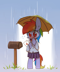 Size: 1500x1800 | Tagged: safe, artist:joycall6, rainbow dash, pony, semi-anthro, g4, bipedal, blushing, clothes, female, letter, love letter, mailbox, mare, necktie, rain, skirt, solo, umbrella, wingless