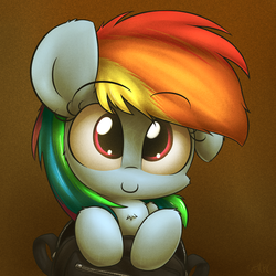 Size: 2400x2400 | Tagged: safe, artist:heavymetalbronyyeah, rainbow dash, pegasus, pony, g4, backpack, c:, chest fluff, cute, dashabetes, female, filly, floppy ears, fluffy, high res, looking at you, signature, smiling, solo