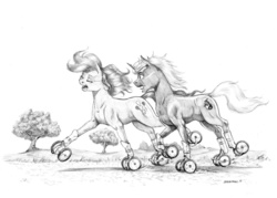 Size: 1300x931 | Tagged: safe, artist:baron engel, pinkie pie, oc, g4, happy, monochrome, pencil drawing, realistic, roller skates, traditional art