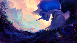Size: 1920x1080 | Tagged: safe, artist:huussii, princess luna, tantabus, alicorn, pony, do princesses dream of magic sheep, 16:9, beautiful, cloud, color porn, dark, day, dream, dreamscape, duality, ethereal mane, ethereal tail, eyes closed, female, fibonacci spiral, flying, frown, horn, light, mare, mountain, night, peytral, scenery, scenery porn, shadow, silhouette, spread wings, surreal, tail, wallpaper, waterfall, wings
