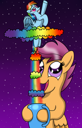 Size: 1024x1592 | Tagged: safe, artist:heartshielder1991, rainbow dash, scootaloo, pony, g4, cup, cup of pony, flying, grin, looking up, micro, open mouth, smiling, smirk, sonic rainboom, spread wings, stars, tiny ponies