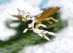 Size: 3000x2200 | Tagged: safe, artist:junkyardgypsy, gilda, oc, oc:trance sequence, earth pony, griffon, pony, g4, flying, heights, high res