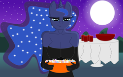 Size: 1680x1050 | Tagged: safe, artist:dnantti, princess luna, anthro, g4, breasts, candy, cleavage, clothes, dress, evening gloves, female, gloves, looking at you, moon, nightmare night, punch, punch (drink), punch bowl, smiling, solo, table