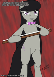 Size: 1238x1744 | Tagged: safe, artist:otakon, octavia melody, earth pony, pony, g4, angry, bipedal, bow (instrument), bowtie, featureless crotch, female, hoof hold, mare, signature, solo, spanish, text