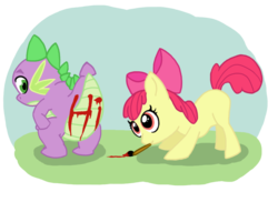 Size: 800x583 | Tagged: safe, artist:fun4money, apple bloom, spike, g4, painting, simple background, transparent background