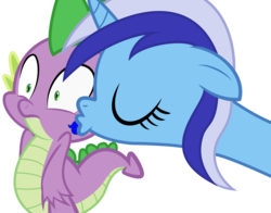Size: 1918x1500 | Tagged: safe, artist:spellboundcanvas, minuette, spike, dragon, pony, unicorn, g4, cheek kiss, female, kiss mark, kissing, male, ship:spigate, shipping, simple background, straight, transparent background, vector