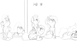 Size: 1916x1036 | Tagged: safe, artist:greyscaleart, applejack, fluttershy, pinkie pie, rainbow dash, rarity, twilight sparkle, alicorn, pony, g4, group, mane six, monochrome, sketch, twilight sparkle (alicorn), wip