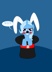 Size: 1700x2338 | Tagged: safe, artist:night-shadow7, trixie, pony, rabbit, unicorn, g4, bunny ears, bunny out of the hat, clothes, costume, female, hat, mare, solo, top hat, why