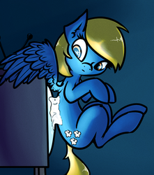 Size: 831x941 | Tagged: safe, artist:subjectnumber2394, oc, oc only, oc:rainy season, pegasus, pony, glue, stuck, television