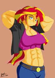 Size: 2894x4093 | Tagged: safe, artist:pandatarius, sunset shimmer, equestria girls, g4, abs, belly button, female, fetish, high res, midriff, muscle fetish, muscles, solo, sunset lifter