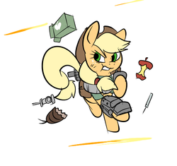 Size: 552x519 | Tagged: safe, artist:metal-kitty, applejack, radroach, g4, apple, apple core, box, combat armor, crossover, fallout, fallout 3, female, food, gun, med-x, power hoof, shotgun, solo, weapon