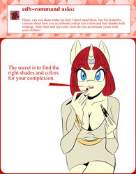 Size: 1000x1280 | Tagged: safe, artist:shelltoon, oc, oc only, oc:golden hearth, unicorn, anthro, ask goldie, cleavage, clothes, dress, female, horn, horn ring, jewelry, makeup, tumblr