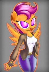 Size: 720x1048 | Tagged: safe, artist:anti1mozg, scootaloo, anthro, g4, clothes, female, fingerless gloves, gloves, hand on hip, leather jacket, older, solo, tongue out