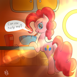 Size: 1080x1080 | Tagged: safe, artist:anti1mozg, pinkie pie, g4, bowl, butt, female, flour, kitchen, looking at you, looking back, mixing bowl, plot, solo