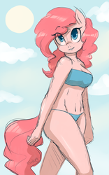 Size: 2500x4000 | Tagged: safe, artist:saber-panda, pinkie pie, earth pony, anthro, g4, bandeau, beautiful, belly button, bikini, clothes, cute, diapinkes, eye clipping through hair, female, looking up, sketch, smiling, solo, swimsuit, walking