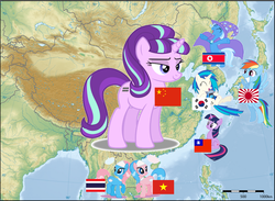 Size: 972x710 | Tagged: safe, aloe, dj pon-3, lotus blossom, rainbow dash, starlight glimmer, trixie, twilight sparkle, vinyl scratch, pony, unicorn, g4, the cutie map, asia, china, female, japan, map, mare, north korea, ponies as regions, south korea, stalin glimmer, taiwan, thailand, vietnam