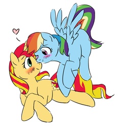 Size: 1777x1913 | Tagged: safe, artist:catlover1672, rainbow dash, sunset shimmer, pegasus, pony, unicorn, g4, blushing, duo, female, flying, heart, lesbian, looking at each other, shipping, simple background, smiling, sunsetdash, white background