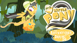 Size: 1920x1080 | Tagged: safe, artist:barrfind, artist:celestialess, daring do, g4, jungle, logo, rope, swing, treasure chest, vector, wallpaper