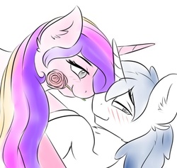 Size: 894x849 | Tagged: safe, artist:sugarlesspaints, princess cadance, shining armor, g4, 30 minute art challenge, blushing, cute, female, male, mouth hold, rose, ship:shiningcadance, shipping, smiling, straight