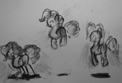 Size: 850x580 | Tagged: safe, artist:inkygarden, pinkie pie, g4, charcoal (medium), female, monochrome, pronking, sketch, solo, traditional art