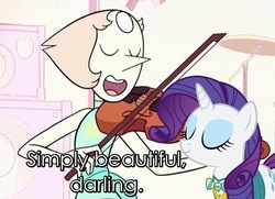 Size: 680x493 | Tagged: safe, edit, rarity, gem (race), pony, unicorn, g4, crack shipping, crossover, crossover shipping, diamond and pearl, duo, duo female, female, gem, image macro, interspecies, lesbian, mare, meme, music, musical instrument, pearl, pearl (steven universe), photoshop, ponytones, raripearl, shipping, smiling, steven universe, violin