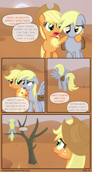 Size: 1280x2380 | Tagged: safe, artist:moemneop, applejack, derpy hooves, pegasus, pony, comic:return to equestria, g4, comic, female, mare, sad, saddle bag, tree