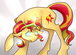 Size: 846x616 | Tagged: safe, artist:chromaflow, sunset shimmer, pony, unicorn, equestria girls, g4, big crown thingy, crown, element of magic, female, jewelry, regalia, shy, solo