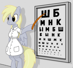 Size: 641x590 | Tagged: safe, artist:tg-0, derpy hooves, anthro, semi-anthro, unguligrade anthro, g4, arm hooves, breasts, busty derpy hooves, clothes, cyrillic, eye chart, eye exam, female, oculist, ophthalmologist, russian, shiny eyes, solo, underp