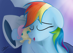 Size: 2440x1775 | Tagged: safe, artist:colonelwalther, fluttershy, rainbow dash, g4, female, hug, lesbian, light night, pillow, plushie, ship:flutterdash, shipping, sleeping, solo