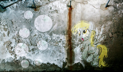 Size: 5100x3000 | Tagged: safe, artist:internationaltck, derpy hooves, pegasus, pony, g4, bubble, female, graffiti, mare, solo, wallpaper