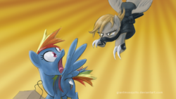 Size: 1920x1080 | Tagged: safe, artist:giantmosquito, edit, derpy hooves, rainbow dash, pegasus, pony, g4, attack, badass, claws, female, leap, mare, ninja, surprised, sword, wallpaper, wallpaper edit