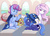 Size: 3619x2611 | Tagged: safe, artist:askbubblelee, discord, princess celestia, princess luna, draconequus, pegasus, pony, unicorn, g4, alternate universe, amazed, baby draconequus, bits, cloud, day, high res, lidded eyes, looking back, mountain, one eye closed, open mouth, pegasus luna, prone, race swap, role reversal, sitting, smiling, starswirl the unbearded, trio, underhoof, unicorn celestia, window, wink, young, young celestia, young discord, young luna, younger