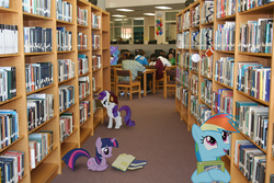 Size: 1600x1067 | Tagged: safe, artist:bryal, rainbow dash, rarity, trixie, twilight sparkle, pony, unicorn, g4, book, female, irl, library, mare, photo, ponies in real life
