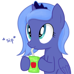 Size: 1000x1000 | Tagged: safe, artist:staticwave12, princess luna, alicorn, pony, g4, apple juice, cute, female, filly, juice, juice box, lunabetes, simple background, solo, transparent background, woona, younger