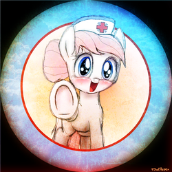Size: 2000x2000 | Tagged: safe, artist:finalaspex, nurse redheart, earth pony, pony, g4, blushing, cute, female, heartabetes, high res, hoofbump, looking at you, mare, open mouth, smiling, solo, underhoof