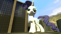 Size: 1366x768 | Tagged: safe, artist:gmodpon-e, rarity, pony, g4, 3d, building, car, city, giant pony