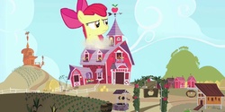 Size: 1000x498 | Tagged: safe, artist:seattlesister, apple bloom, earth pony, pony, g4, apple, apple bloom's bow, barn, bow, building, corn, coup, destruction, female, giant pony, giantess, growth, hair bow, hay, macro, solo, sweet apple acres