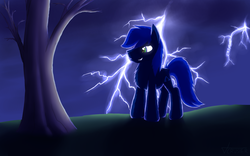 Size: 1920x1200 | Tagged: safe, artist:crusierpl, oc, oc only, oc:crusier, pegasus, pony, backlighting, chest fluff, lightning, male, night, solo, stallion, storm, tree