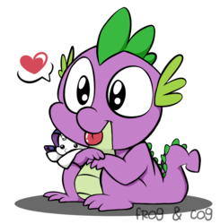 Size: 1000x1021 | Tagged: safe, artist:coggler, artist:frog&cog, artist:gopherfrog, rarity, spike, g4, :p, crush plush, cute, heart, male, plushie, rarity plushie, solo, tongue out