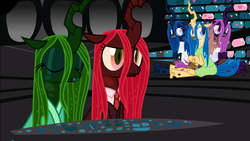 Size: 1366x768 | Tagged: safe, artist:mixermike622, queen chrysalis, changeling, changeling queen, g4, anger (inside out), bound, business suit, cheeselegs, clothes, disgust (inside out), fear (inside out), female, fluffside out, gag, inside out, joy (inside out), multeity, necktie, pixar, sadness (inside out), tied, youtube link