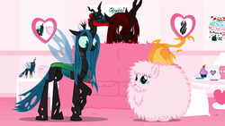 Size: 1363x768 | Tagged: safe, artist:mixermike622, queen chrysalis, oc, oc:fluffle puff, oc:marksaline, changeling, changeling queen, g4, canon x oc, female, fire, fluffside out, inside out, joy, lesbian, pixar, ship:chrysipuff, shipping, spontaneous combustion, wat, youtube link