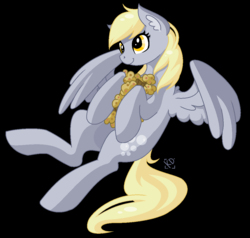 Size: 1054x1005 | Tagged: safe, artist:amazing-artsong, derpy hooves, pegasus, pony, g4, black background, commission, ear fluff, female, holding, mare, muffin, simple background, smiling, solo, spread wings, that pony sure does love muffins, wings