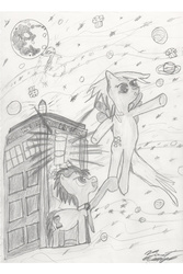 Size: 1200x1800 | Tagged: safe, artist:chronos the doctor, derpy hooves, doctor whooves, time turner, earth pony, pony, g4, doctor who, female, male, monochrome, muffin, pencil drawing, ship:doctorderpy, shipping, space, stallion, straight, tardis, traditional art