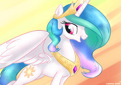 Size: 1792x1265 | Tagged: safe, artist:lamar_bone, derpibooru exclusive, princess celestia, g4, female, looking back, open mouth, smiling, solo, spread wings