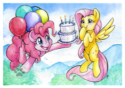 Size: 1024x724 | Tagged: safe, artist:touchofsnow, fluttershy, pinkie pie, earth pony, pegasus, pony, g4, balloon, cake, cloud, cloudy, duo, flying, scenery, smiling, then watch her balloons lift her up to the sky, traditional art, watercolor painting