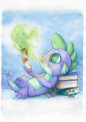 Size: 1024x1457 | Tagged: safe, artist:touchofsnow, spike, dragon, g4, book, fire, letter to celestia, lying down, male, on back, scroll, solo, traditional art, watercolor painting