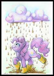 Size: 698x984 | Tagged: safe, artist:touchofsnow, pinkie pie, earth pony, pony, g4, chocolate rain, cloud, female, galoshes, solo, tongue out, traditional art, watercolor painting