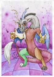Size: 1024x1459 | Tagged: safe, artist:touchofsnow, discord, draconequus, g4, armpits, looking at you, solo, traditional art, watercolor painting